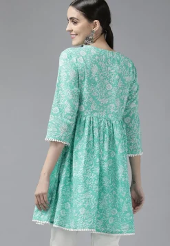 Printed Pure Cotton Tunic in Light Teal Green