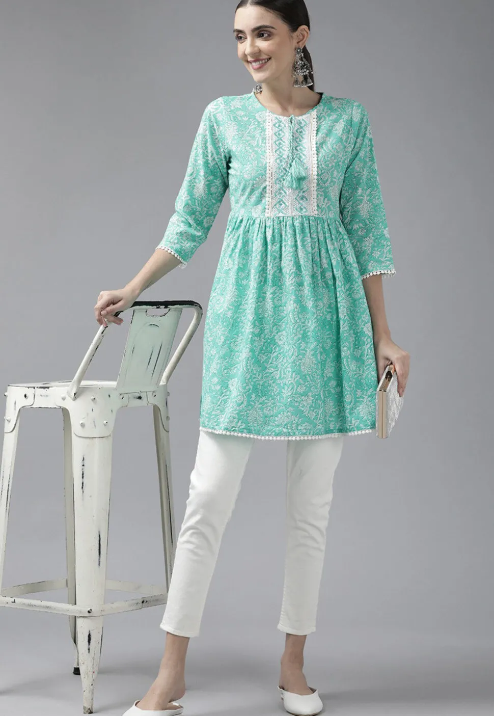 Printed Pure Cotton Tunic in Light Teal Green