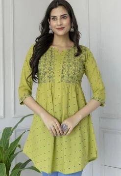 Printed Pure Cotton Tunic in Light Olive Green