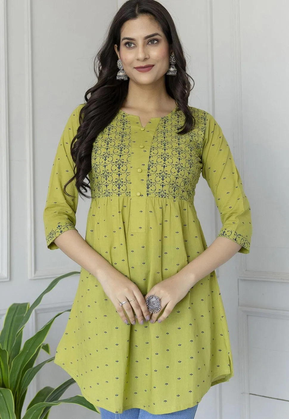 Printed Pure Cotton Tunic in Light Olive Green