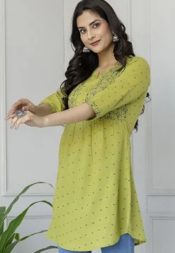 Printed Pure Cotton Tunic in Light Olive Green