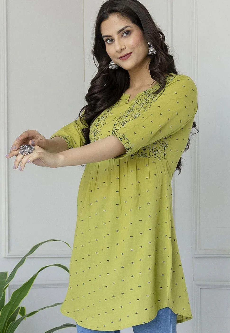 Printed Pure Cotton Tunic in Light Olive Green