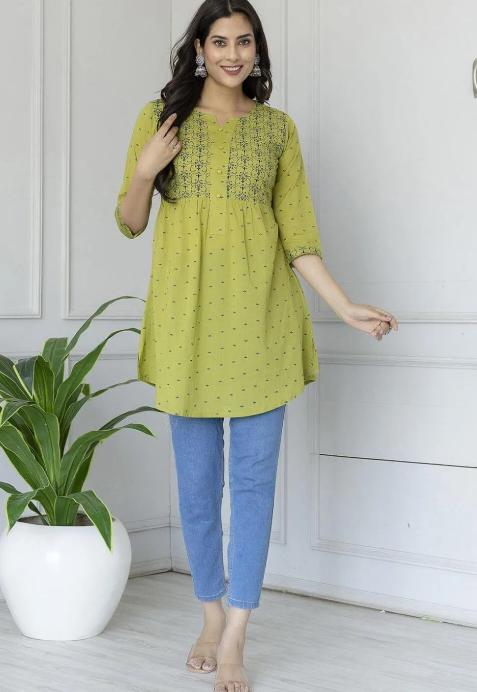 Printed Pure Cotton Tunic in Light Olive Green