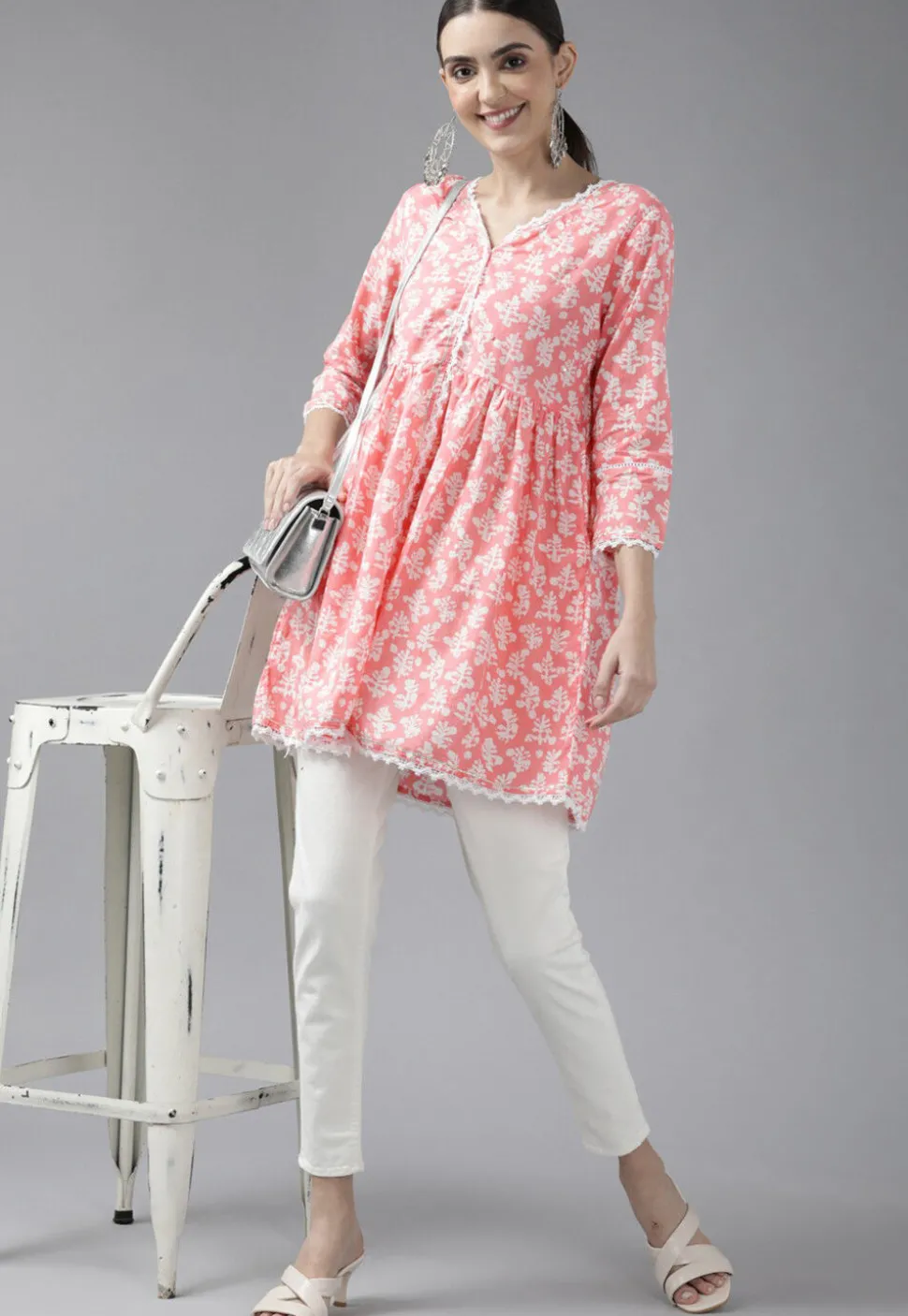 Printed Pure Cotton Tunic in Pink
