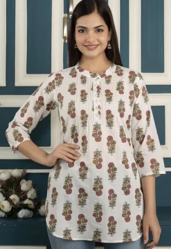 Printed Pure Cotton Tunic in Off White