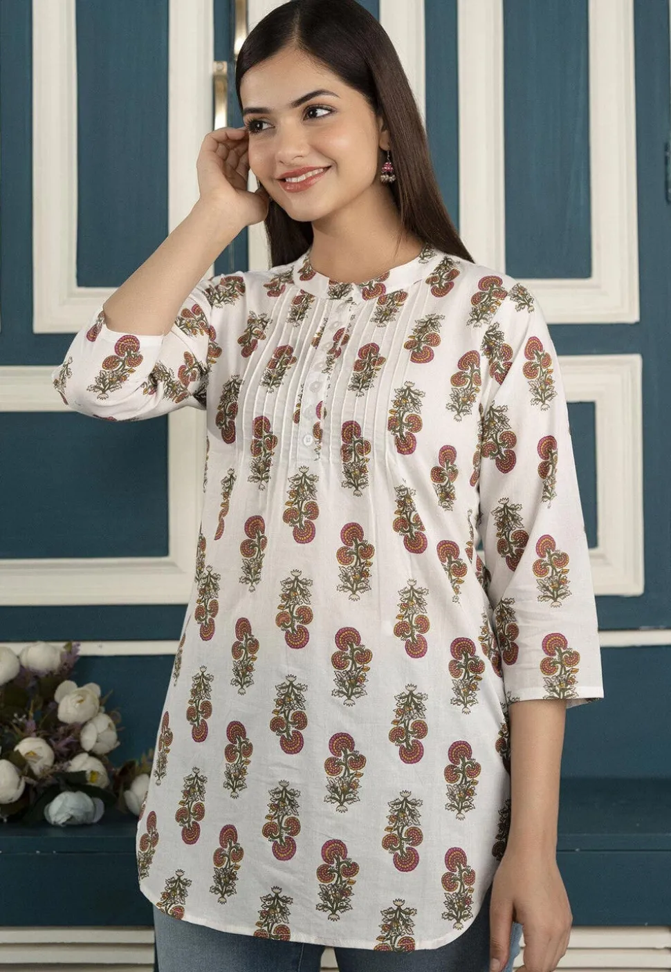 Printed Pure Cotton Tunic in Off White