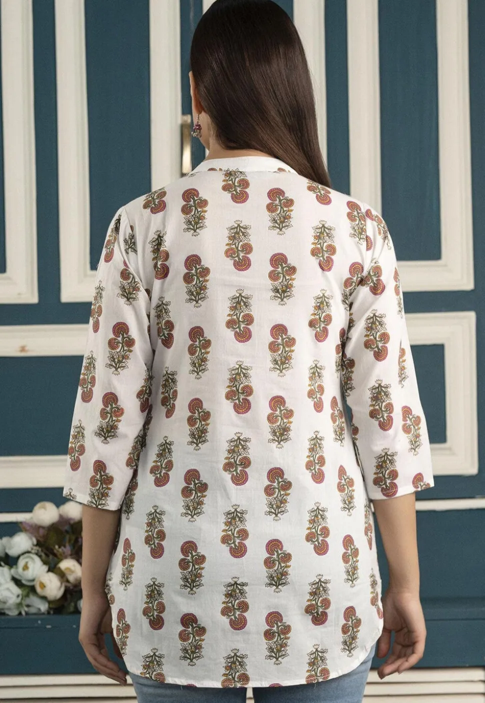 Printed Pure Cotton Tunic in Off White
