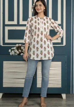 Printed Pure Cotton Tunic in Off White