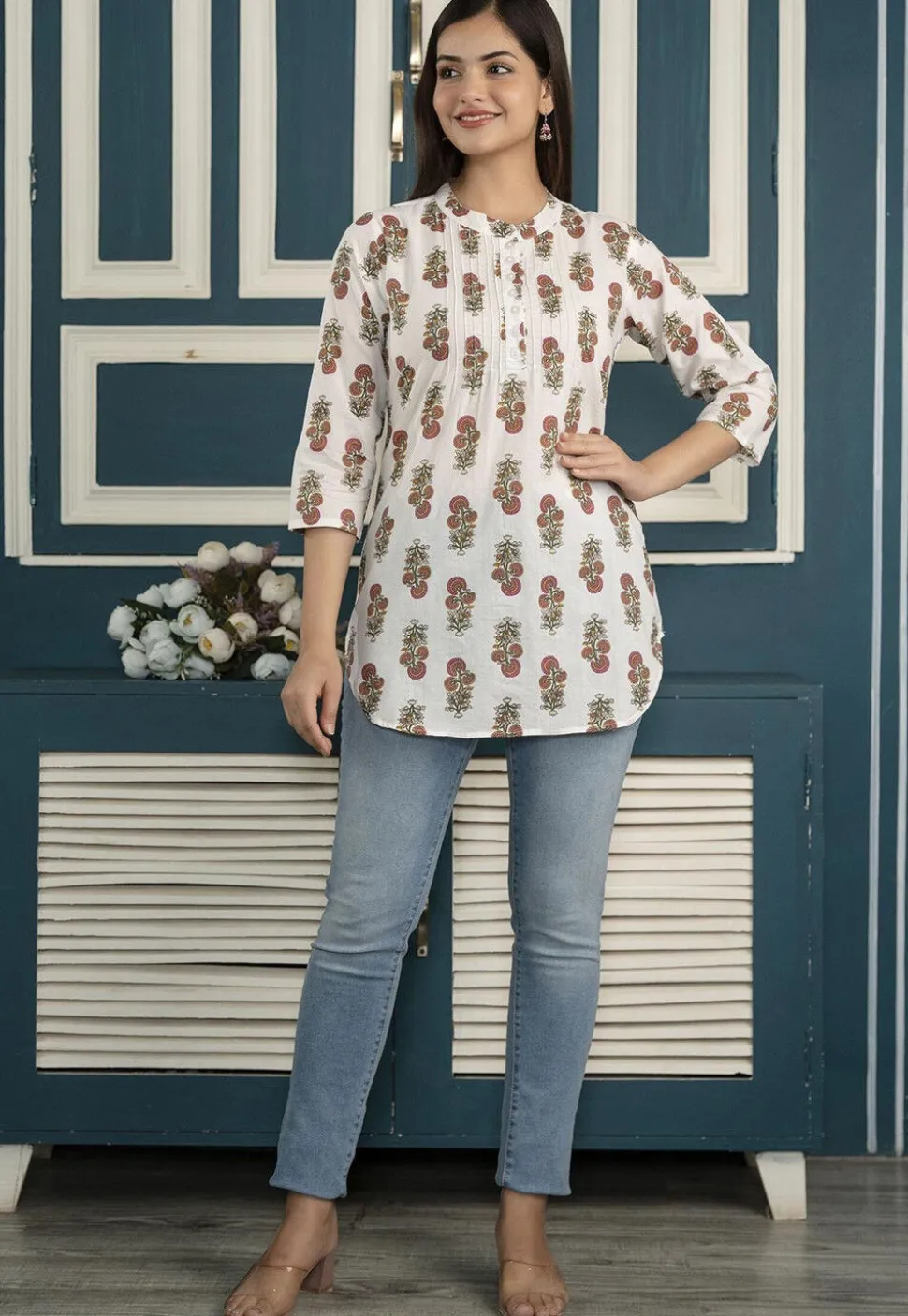 Printed Pure Cotton Tunic in Off White