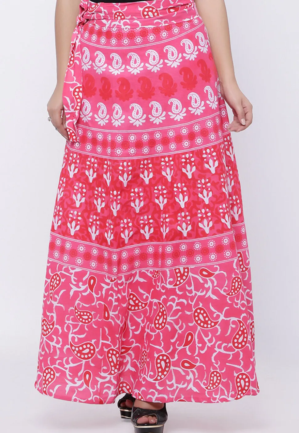 Printed Pure Cotton Wrap Around Skirt in Peach
