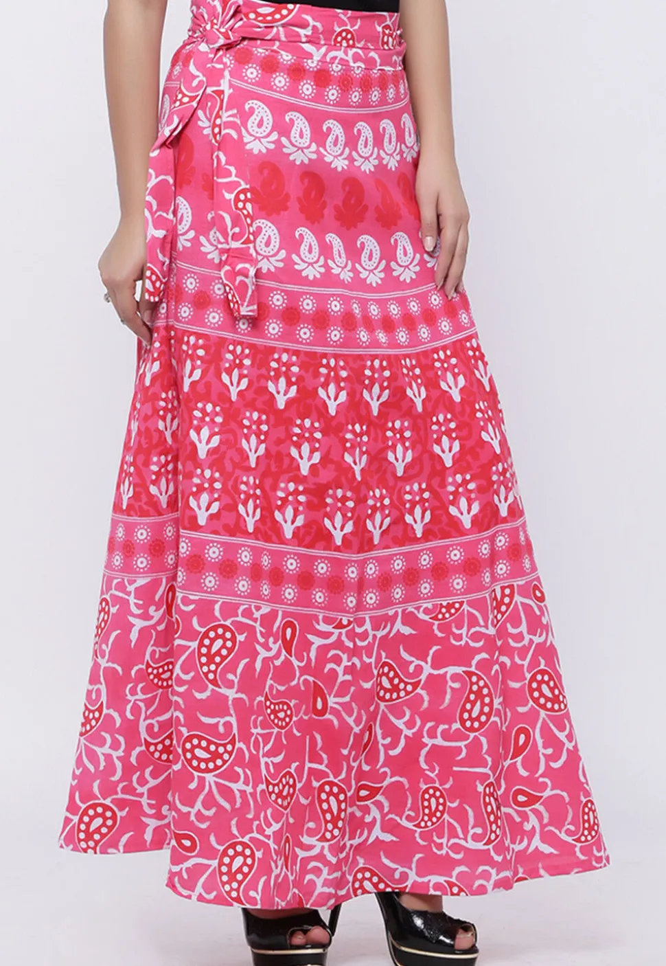 Printed Pure Cotton Wrap Around Skirt in Peach