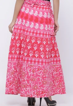 Printed Pure Cotton Wrap Around Skirt in Peach