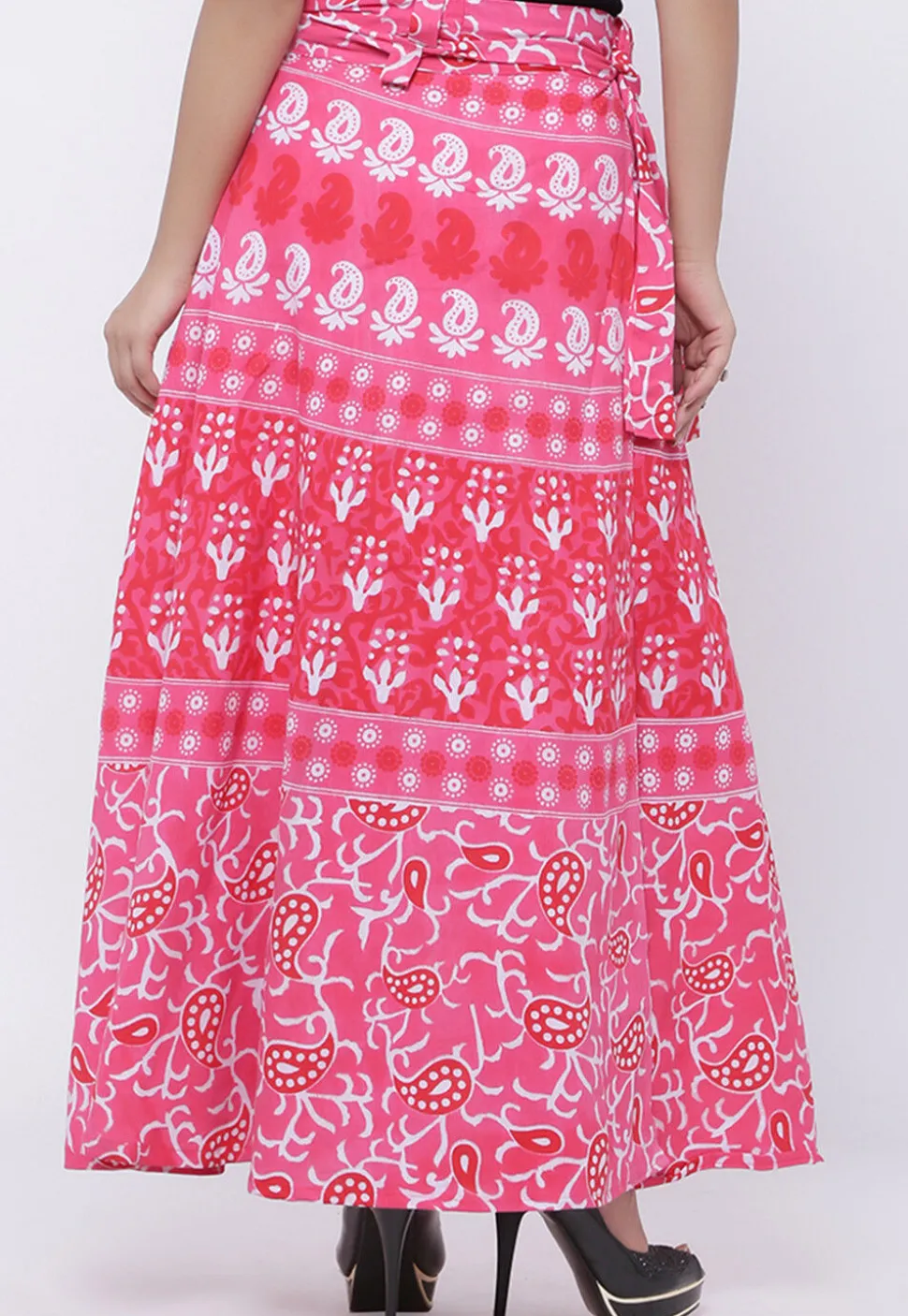Printed Pure Cotton Wrap Around Skirt in Peach