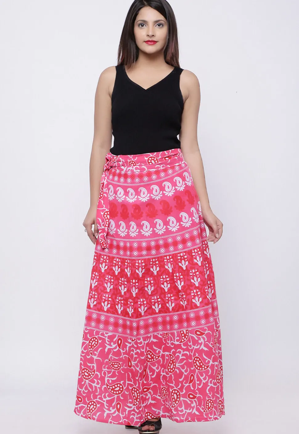 Printed Pure Cotton Wrap Around Skirt in Peach