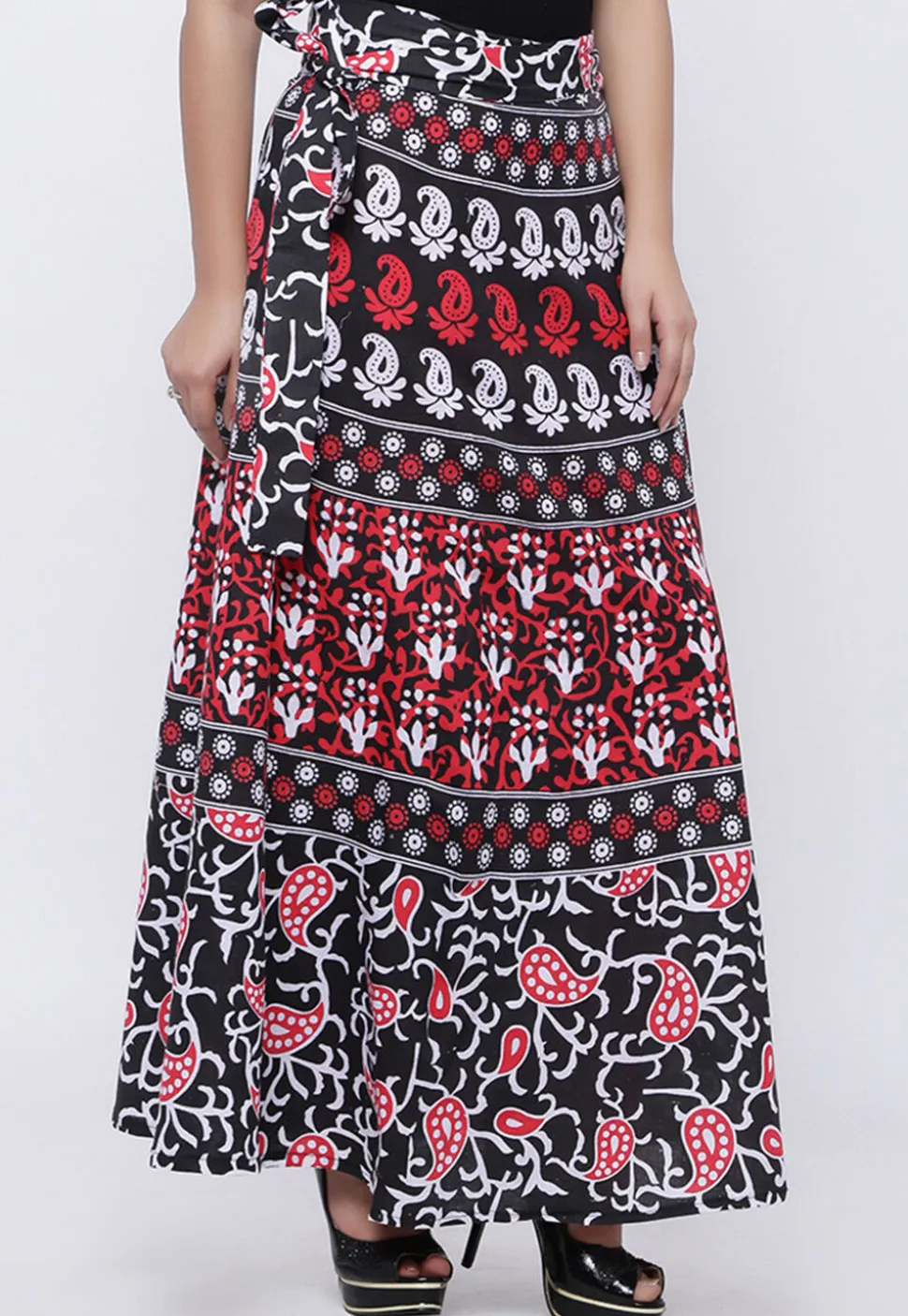 Printed Pure Cotton Wrap Around Skirt in Black