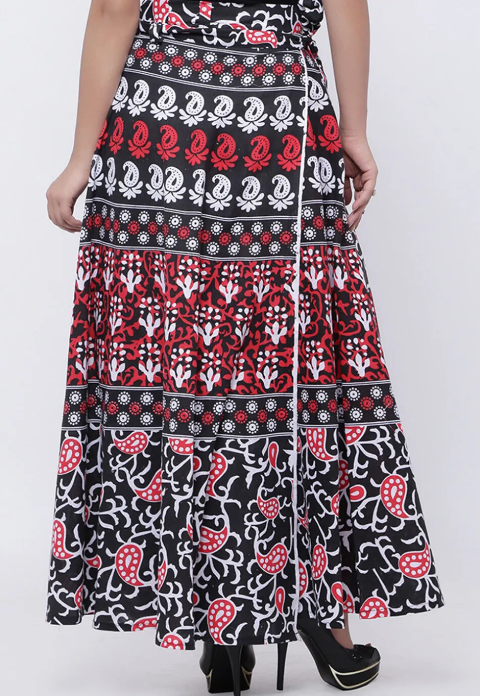 Printed Pure Cotton Wrap Around Skirt in Black