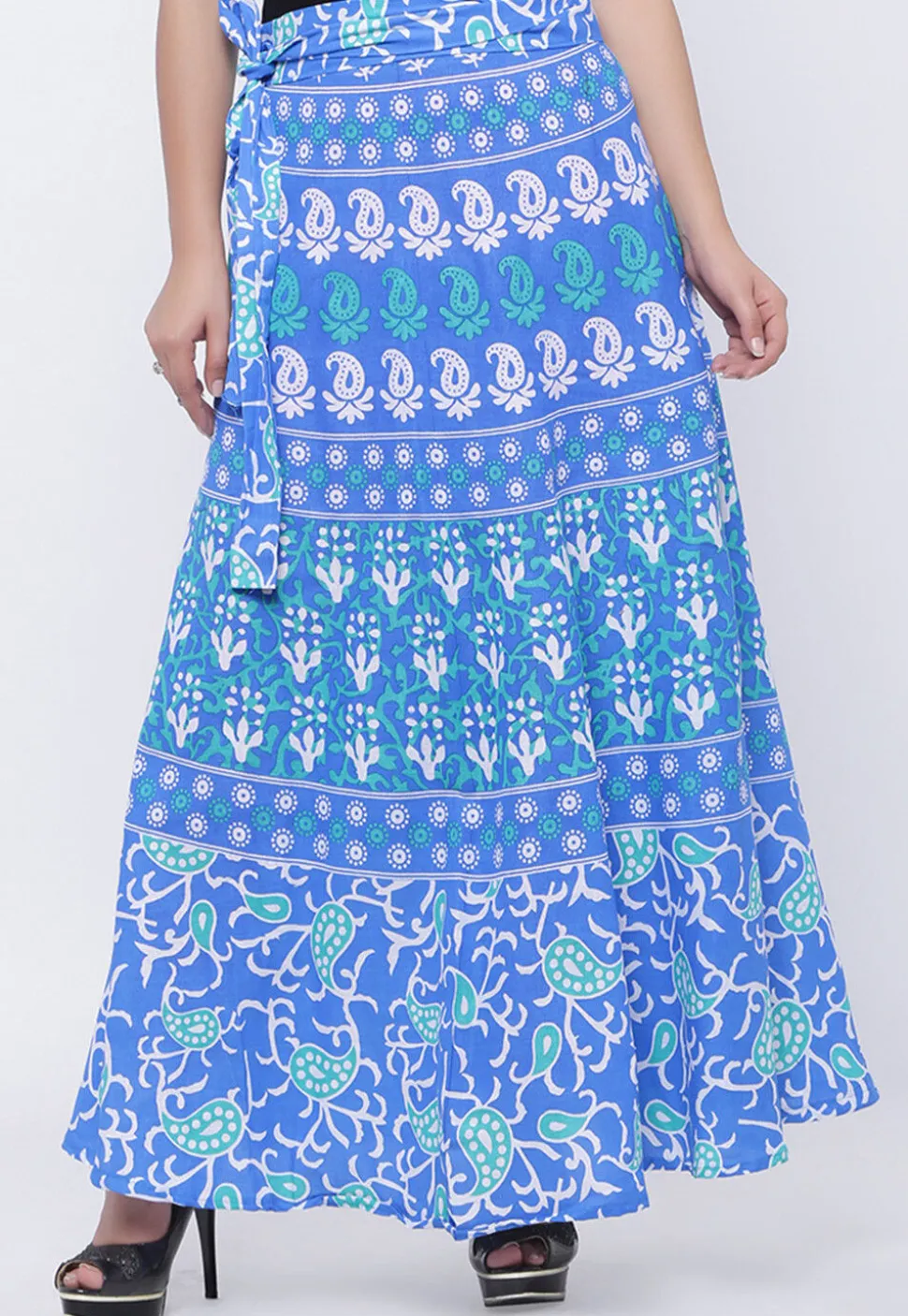 Printed Pure Cotton Wrap Around Skirt in Blue