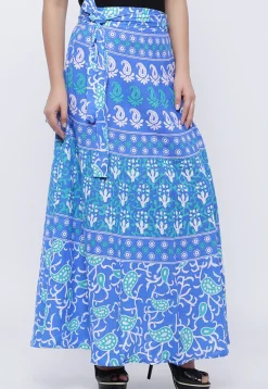 Printed Pure Cotton Wrap Around Skirt in Blue