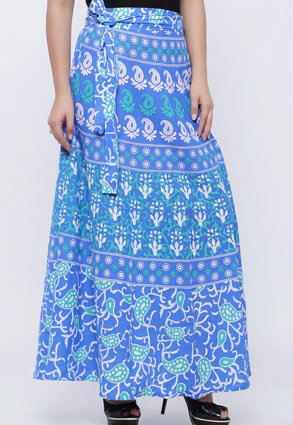 Printed Pure Cotton Wrap Around Skirt in Blue