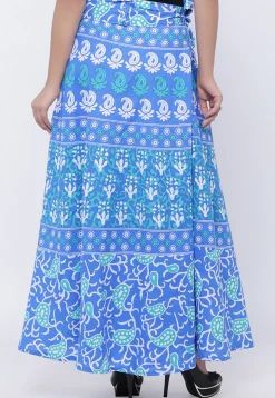 Printed Pure Cotton Wrap Around Skirt in Blue