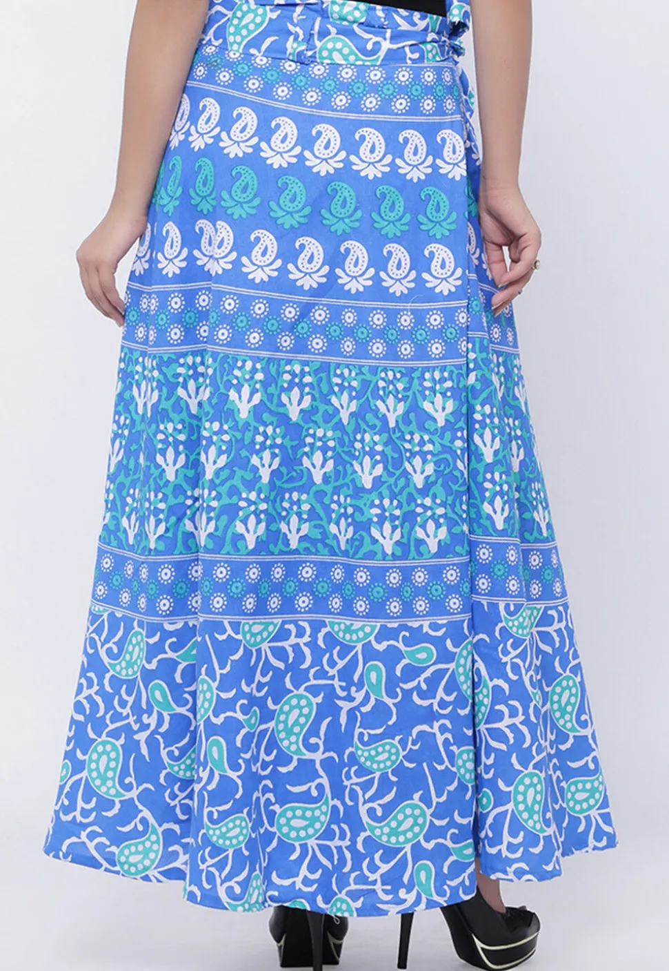Printed Pure Cotton Wrap Around Skirt in Blue