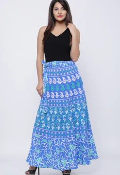 Printed Pure Cotton Wrap Around Skirt in Blue