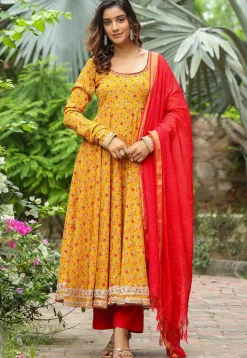 Printed Pure Crepe Aline Suit in Mustard