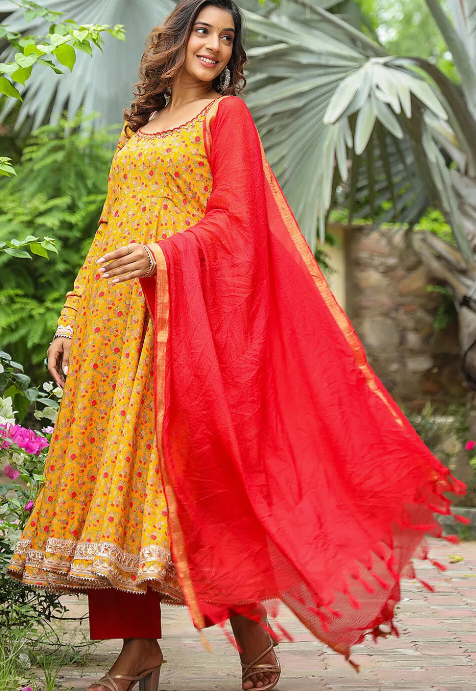 Printed Pure Crepe Aline Suit in Mustard