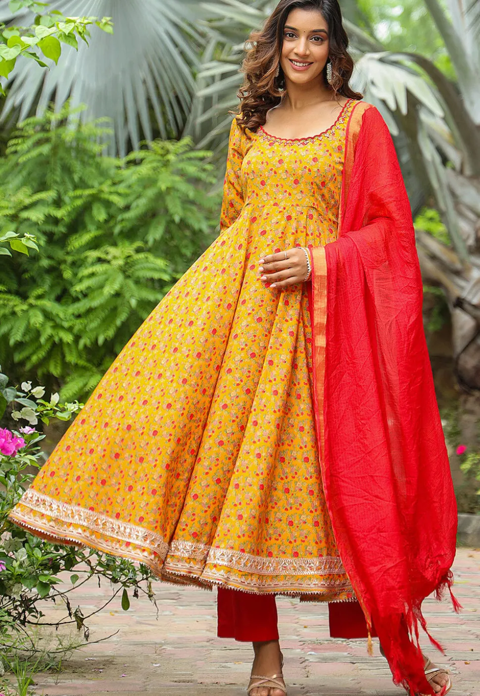 Printed Pure Crepe Aline Suit in Mustard