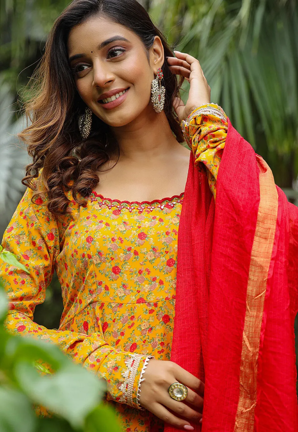 Printed Pure Crepe Aline Suit in Mustard