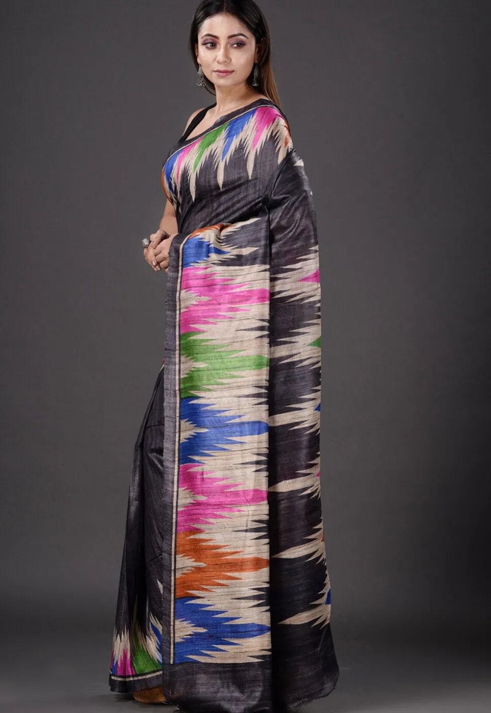 Printed Pure Ghicha Silk Saree in Black