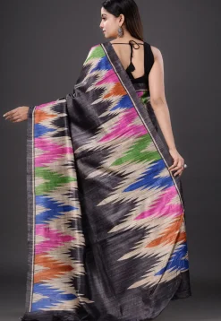 Printed Pure Ghicha Silk Saree in Black