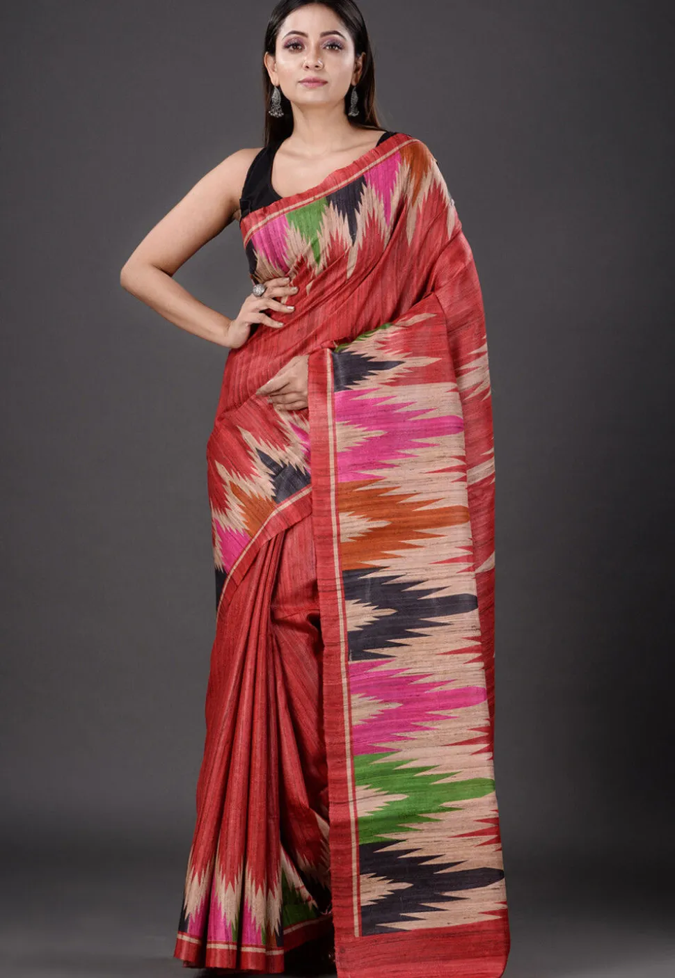 Printed Pure Ghicha Silk Saree in Red