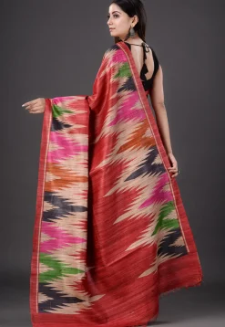 Printed Pure Ghicha Silk Saree in Red