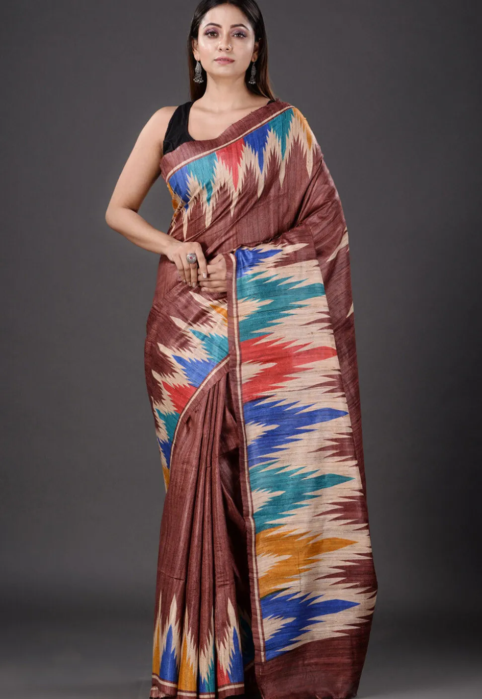 Printed Pure Ghicha Silk Saree in Brown