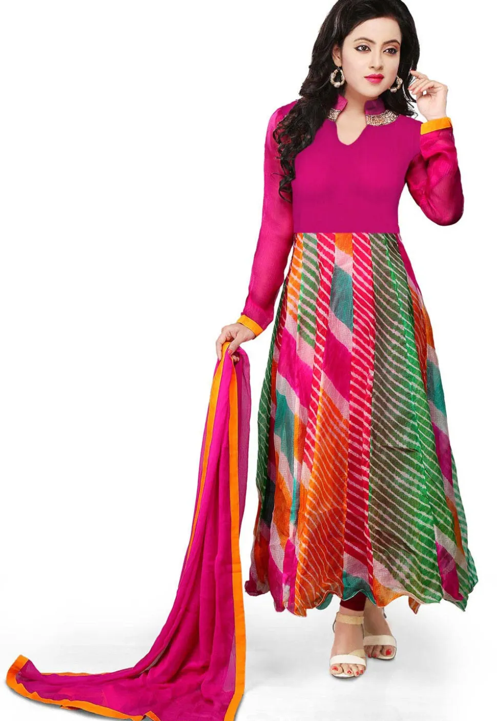 Printed Pure Kota Tissue Anarkali Suit in Multicolor