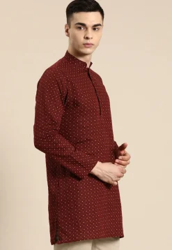 Printed Pure Linen Short Kurta in Maroon
