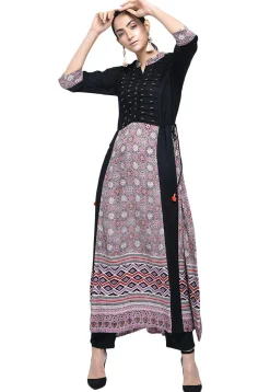 Printed Rayon A Line Kurta in Black and Pink
