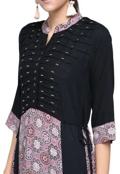 Printed Rayon A Line Kurta in Black and Pink
