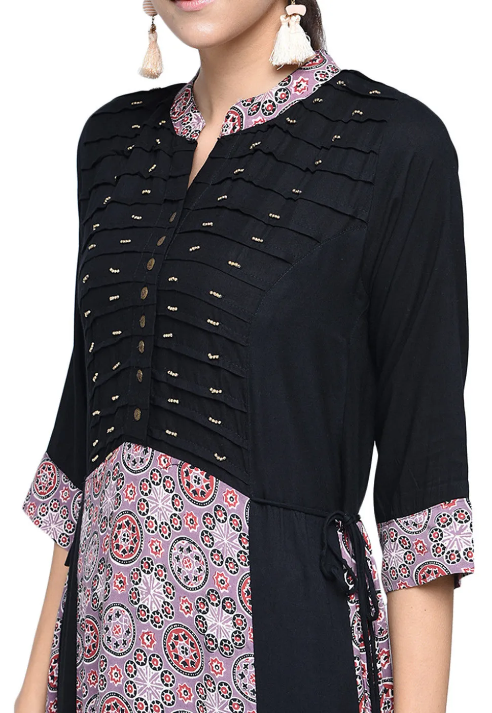 Printed Rayon A Line Kurta in Black and Pink