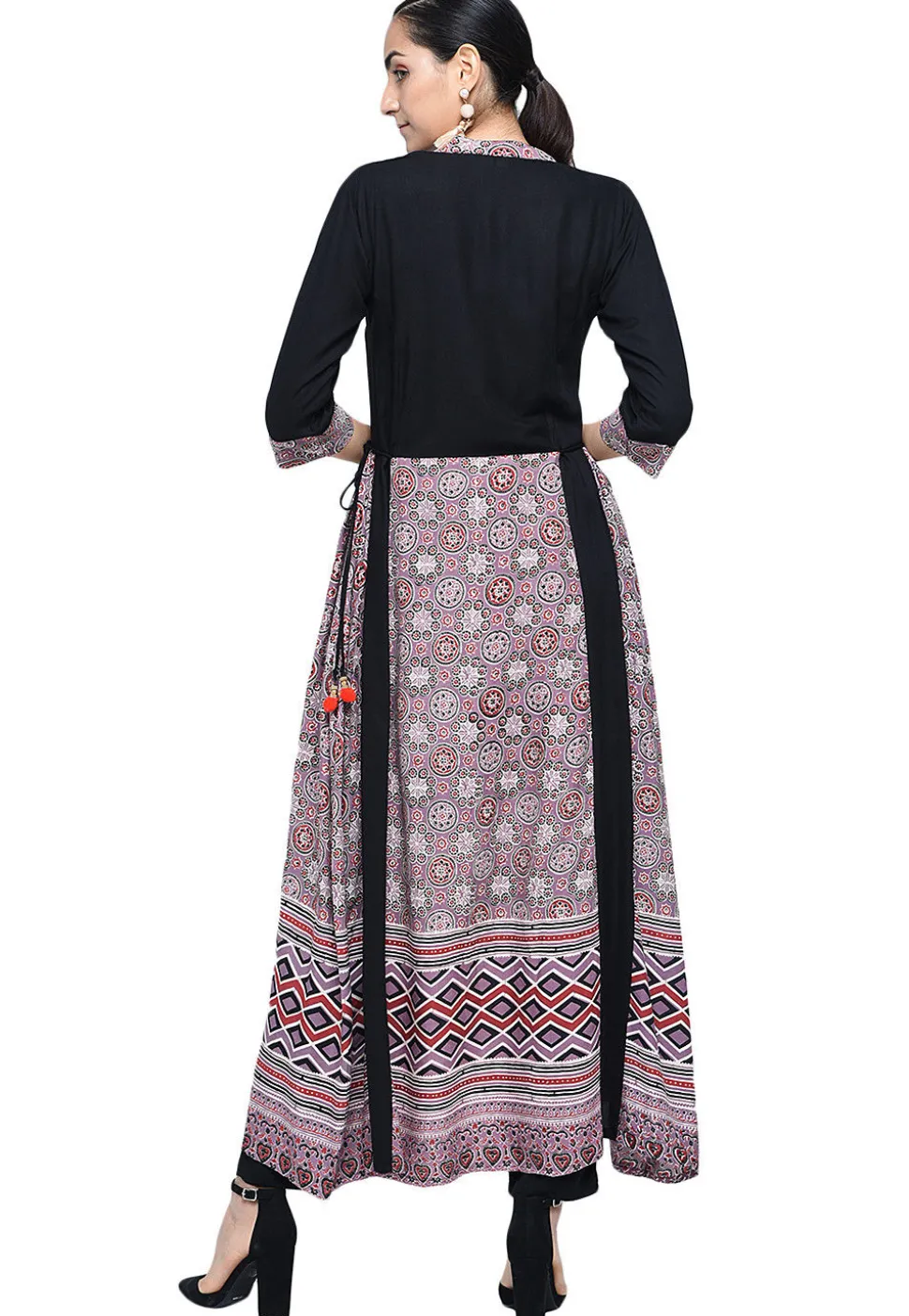Printed Rayon A Line Kurta in Black and Pink