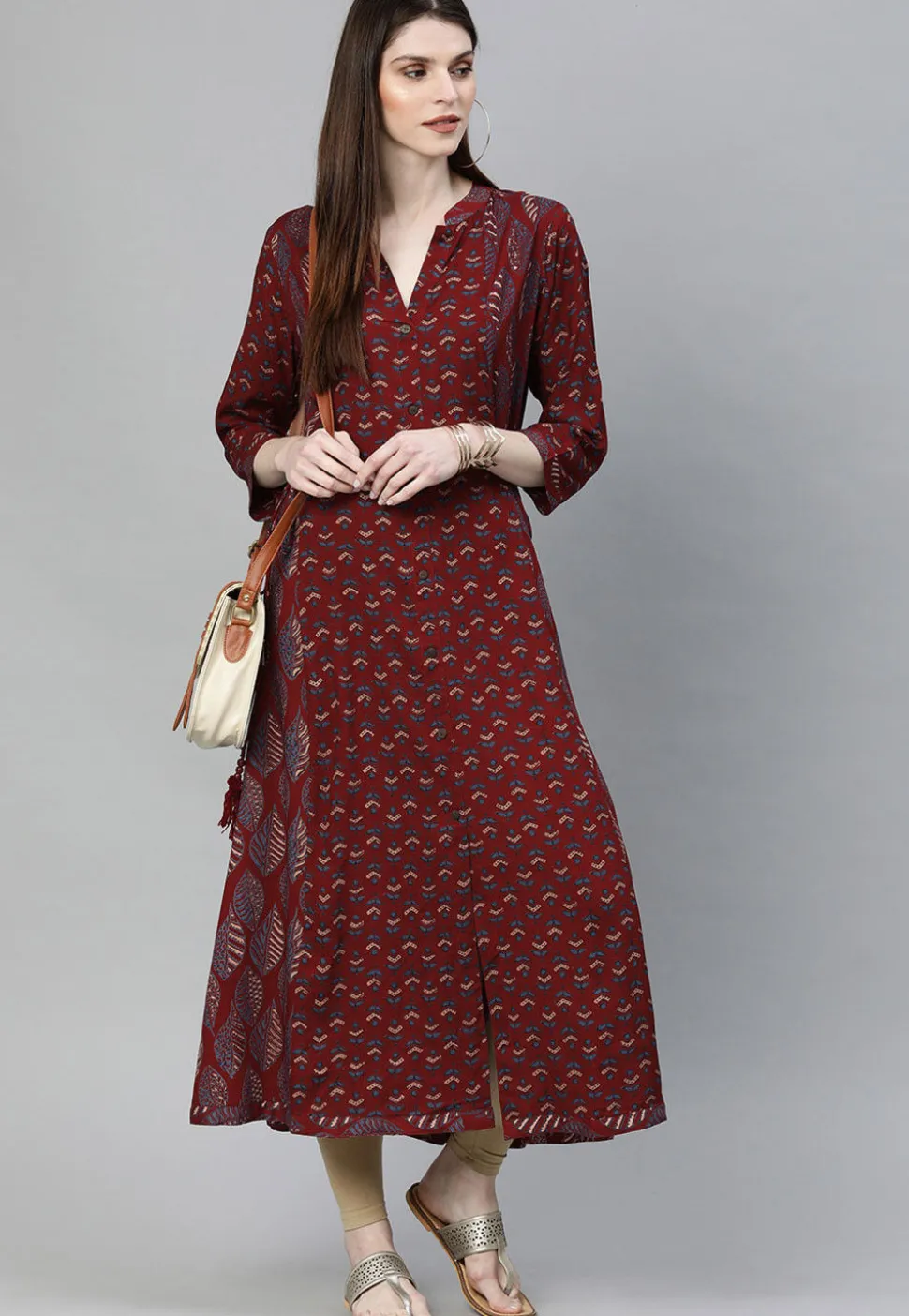 Printed Rayon A Line Kurta in Maroon