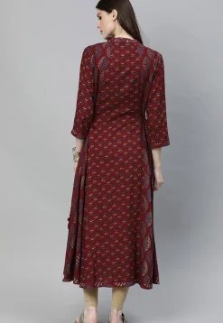Printed Rayon A Line Kurta in Maroon