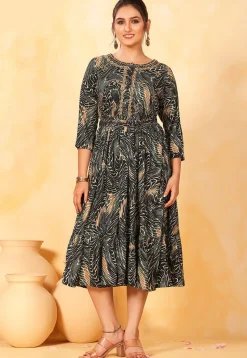 Printed Rayon Aline Dress in Black and Olive Green