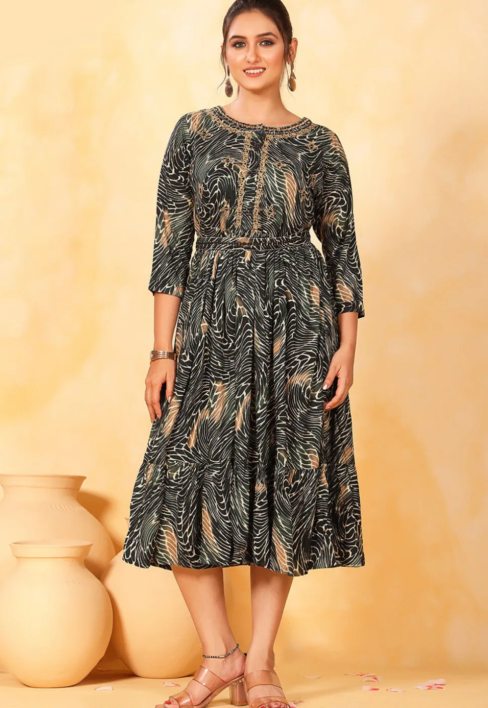 Printed Rayon Aline Dress in Black and Olive Green