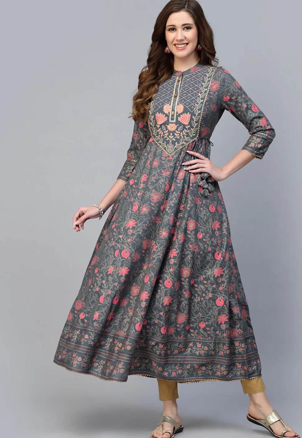 Printed Rayon Aline Kurta in Grey