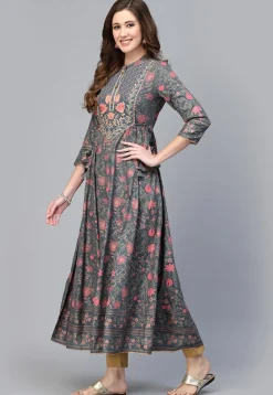Printed Rayon Aline Kurta in Grey