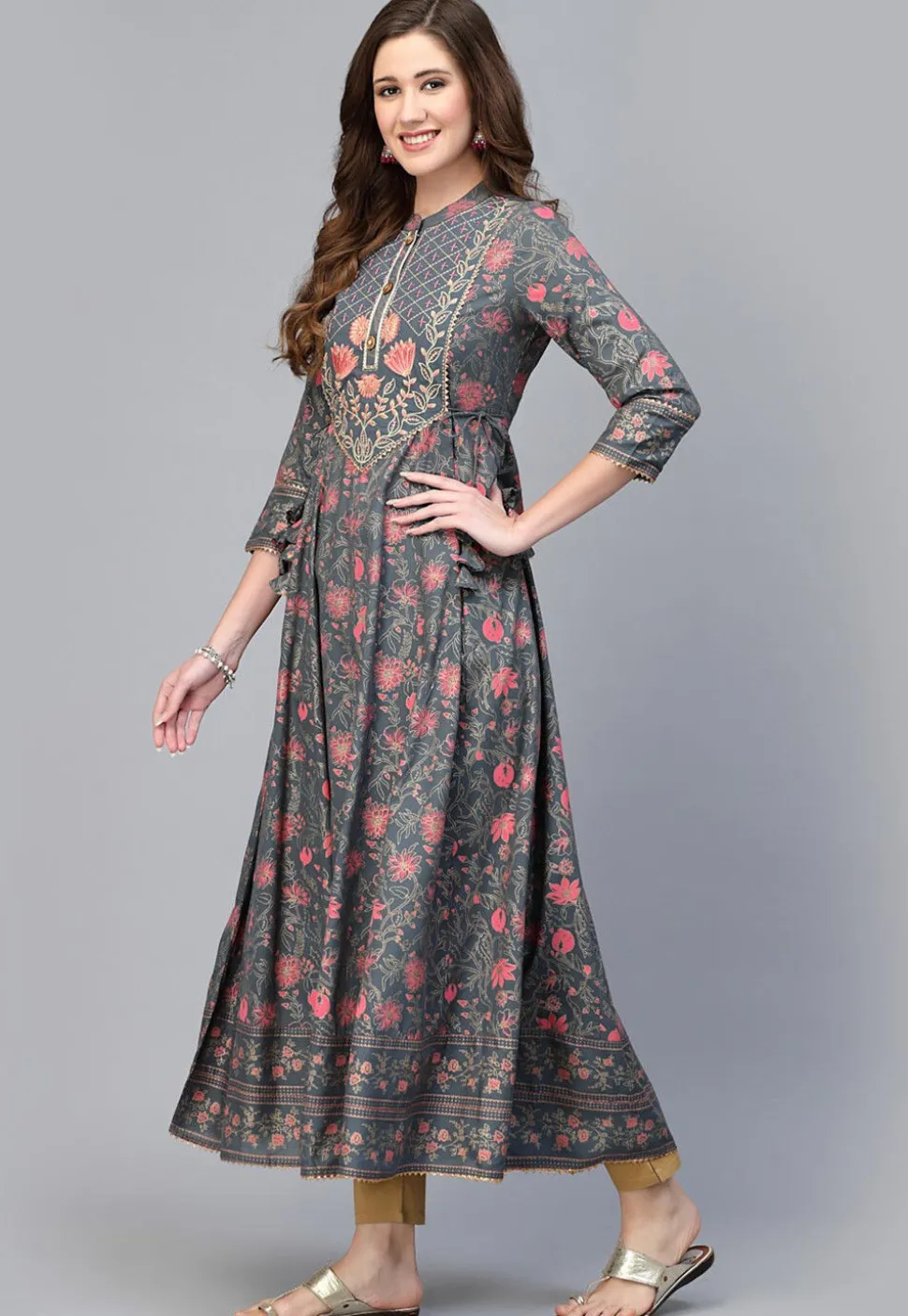 Printed Rayon Aline Kurta in Grey