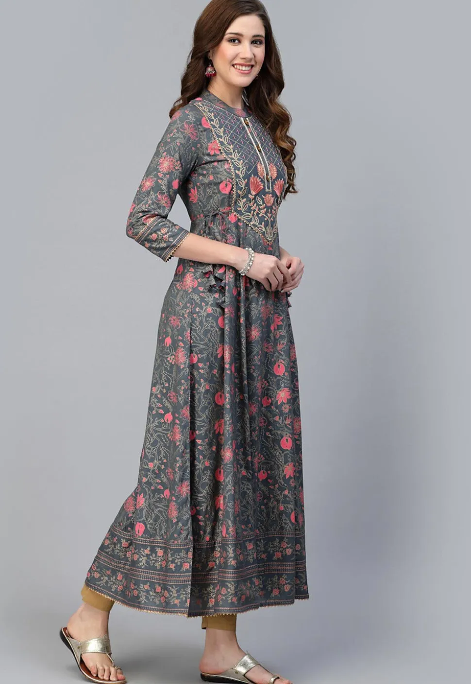 Printed Rayon Aline Kurta in Grey