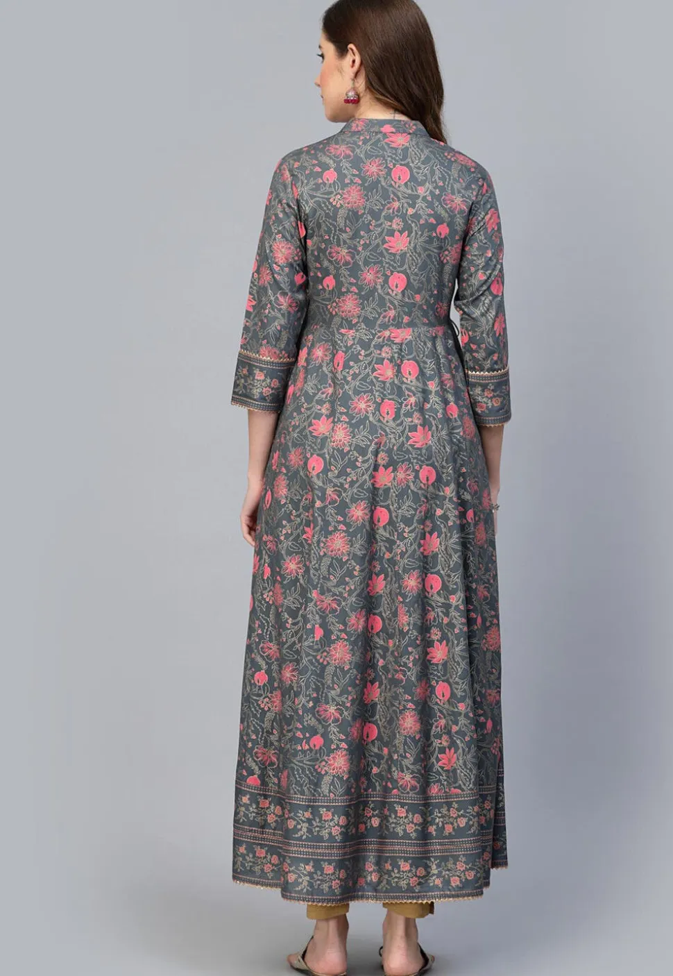 Printed Rayon Aline Kurta in Grey